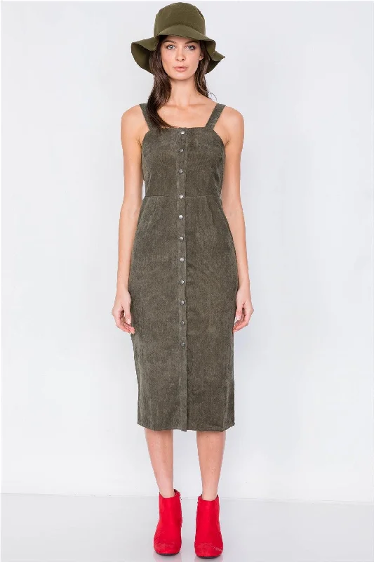 Olive Ribbed Suede Front Button Casual Midi Dress /2-2-2Cap-sleeve Dress