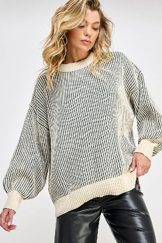 Ribbed Knit TopsOlive Ribbed Balloon Sleeve Sweater