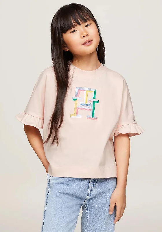 Tommy Hilfiger Girl Monogram Embroidery Ruffle Sleeve Tee, Whimsy PinkLayered T-Shirts